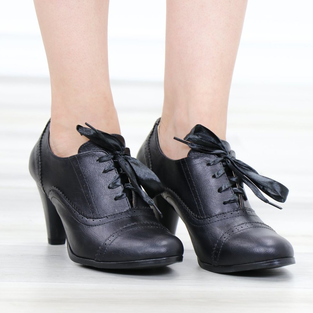 Laced-Up Low Cut Ankle Boots Women's Heeled Oxford - Picture 2 of 15